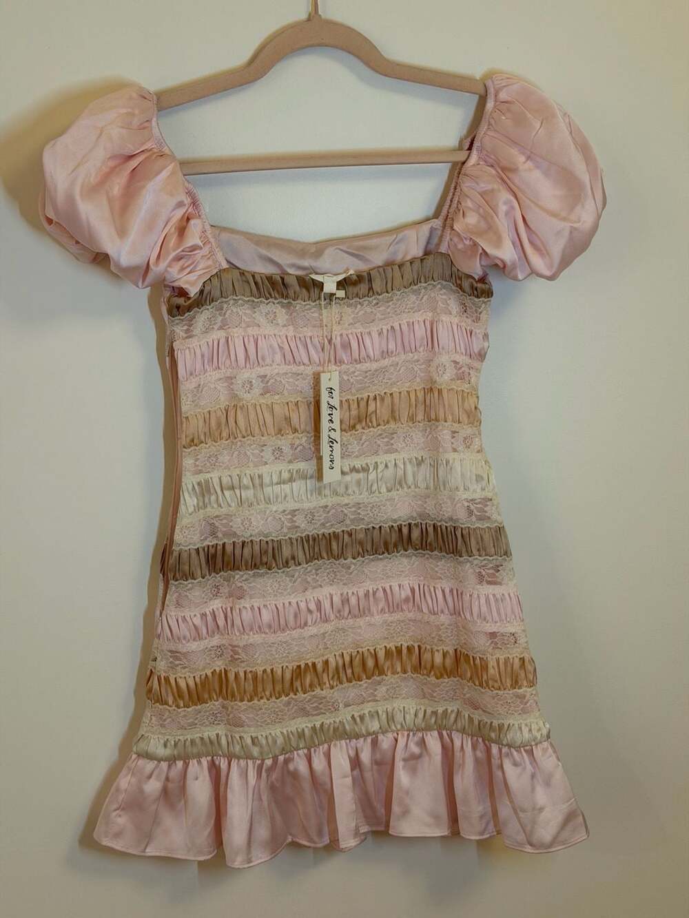 For Love & Lemons Pink and Gold Lace Ruffle Mini Dress Size XS - Picture 6 of 11